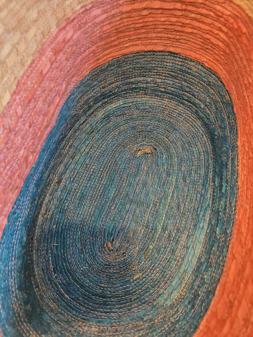 Woven Straw Circle-Handle Beach Tote in Teal, Pink & Natural, Velcro Closure - Picture 4 of 9